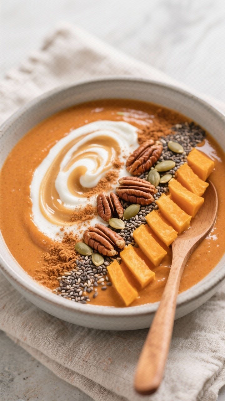 Overhead “tasty top view” of the finished Pumpkin Spice Smoothie served as a smoothie bowl, thic