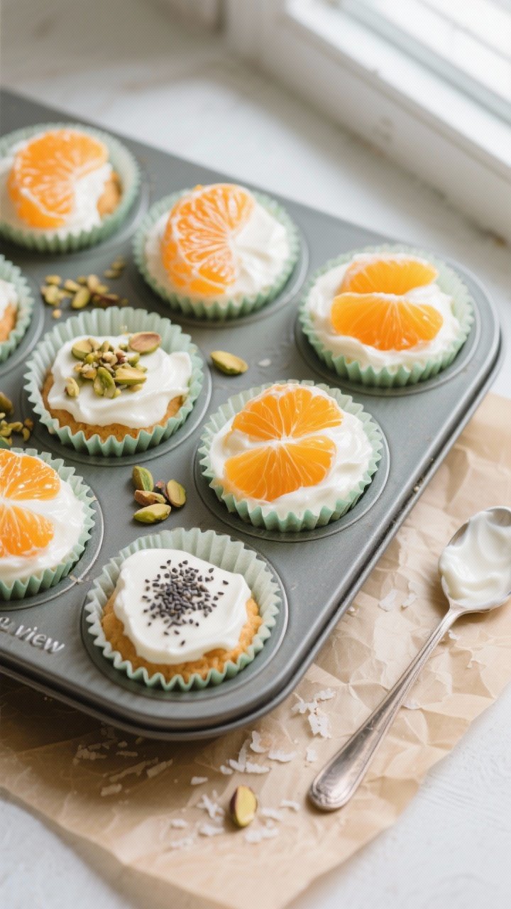 Overhead “tasty top view” process scene: A mini muffin tin lined with paper cups, each filled wi