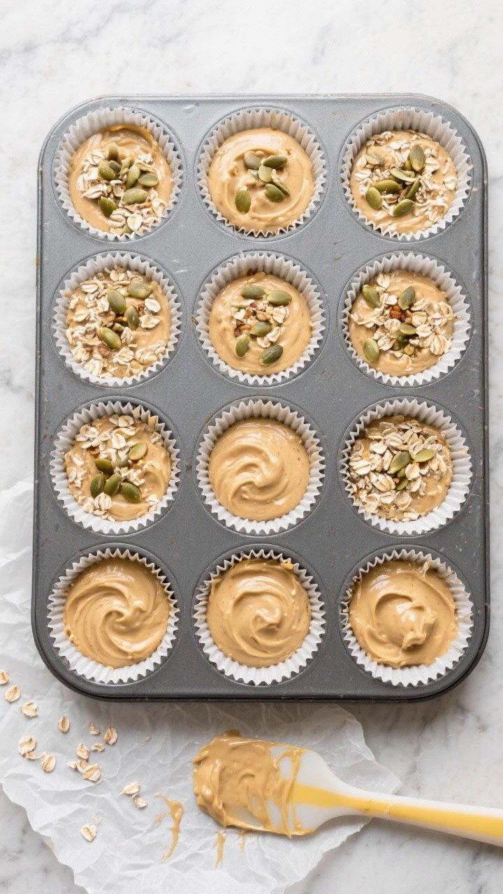 Overhead “tasty top view” process shot: A 12-cup muffin pan just filled 3/4 full with thick, cre