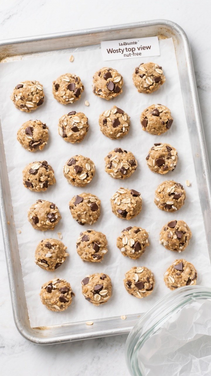 Overhead “tasty top view” shot: a chilled batch of 20–24 Wowbutter Chocolate Chip Bites arrang