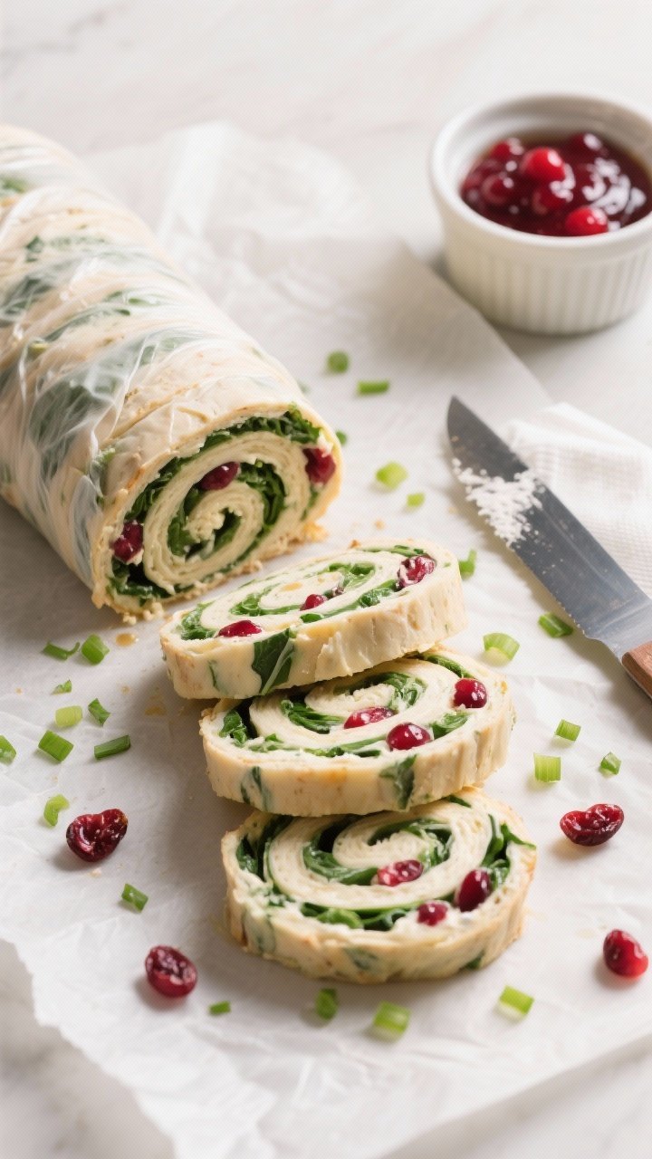 Overhead “tasty top view” shot: a chilled roll being sliced into even pinwheels on parchment-lin