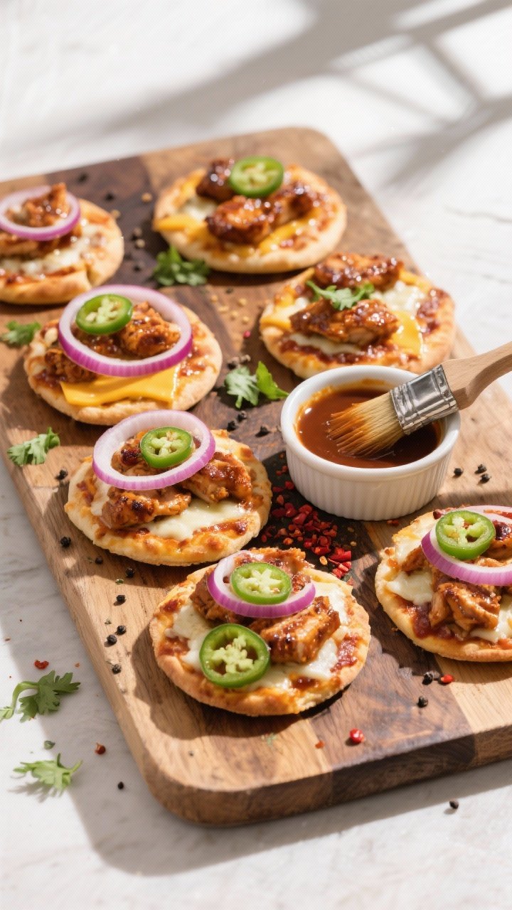 Overhead “tasty top view” shot: A variety platter of mini BBQ chicken pizzas arranged on a rusti
