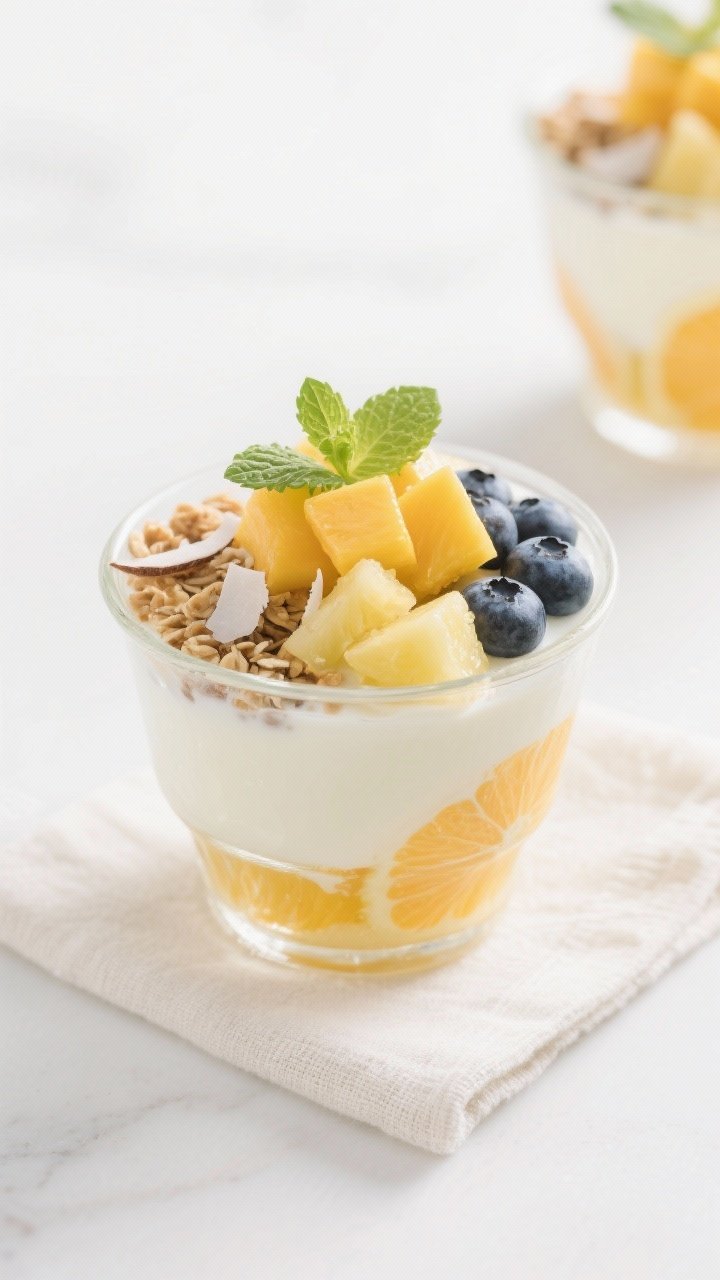 Overhead “tasty top view” shot: Assembled Calamansi Yogurt Cup in a clear glass, layered for con