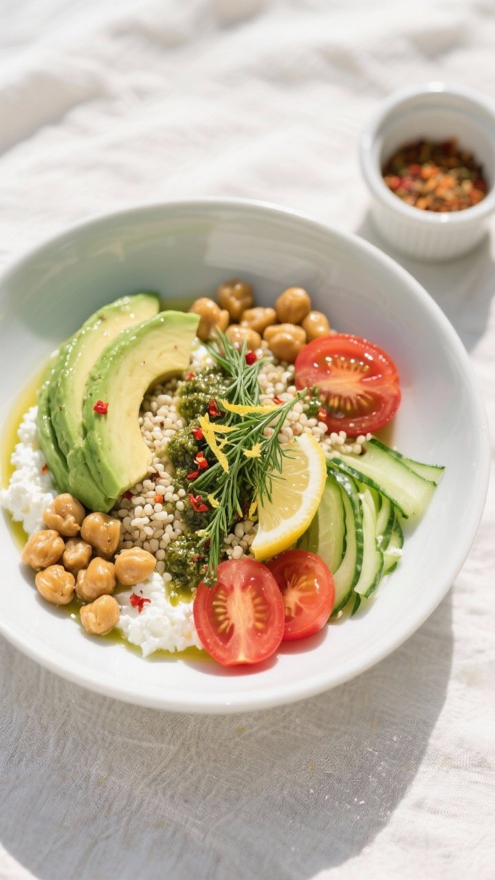 Overhead “tasty top view” shot: Final savory bowl presentation. Cottage cheese base topped with