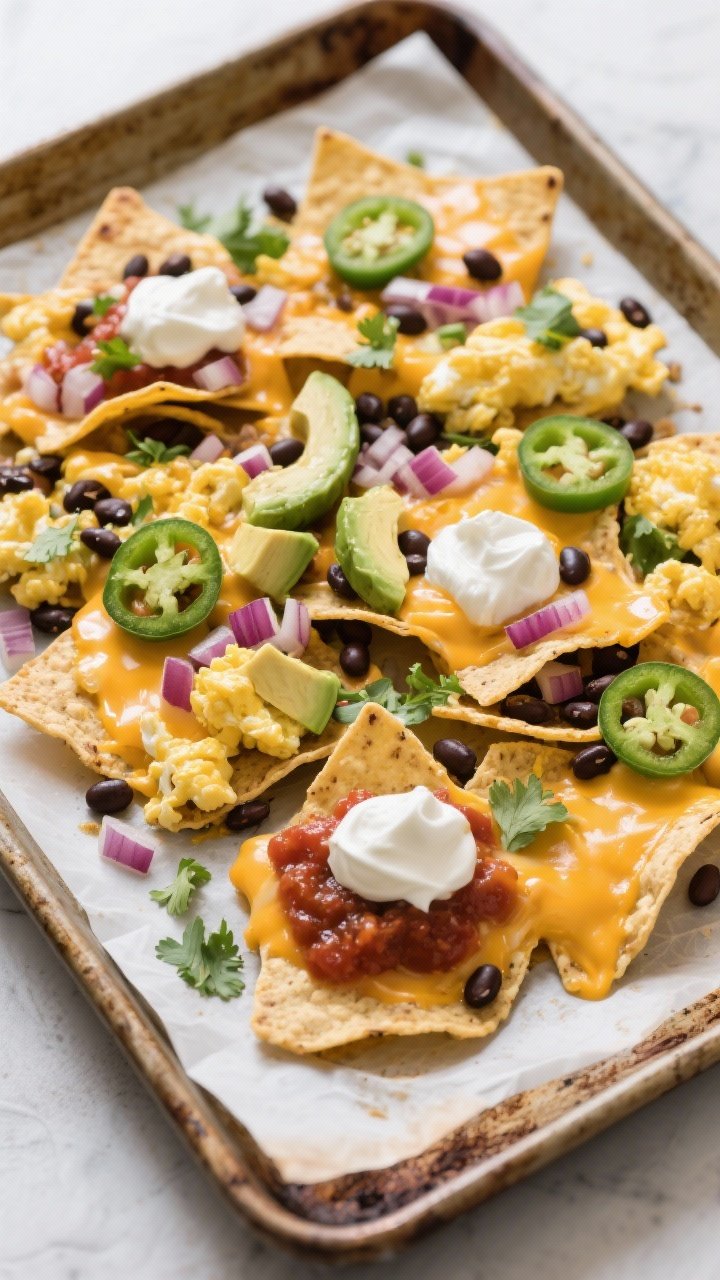 Overhead “tasty top view” shot: Sheet-pan breakfast nachos just out of the oven—sturdy tortill