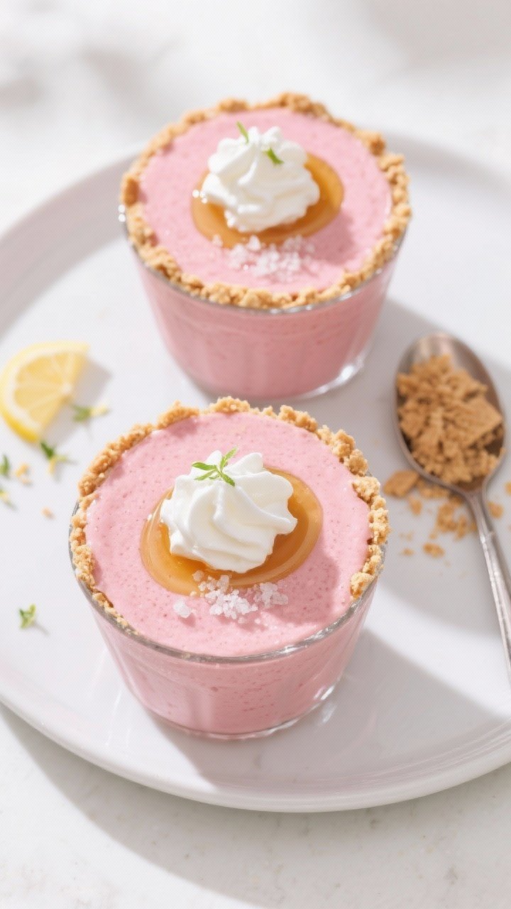 Overhead tasty top view: Top-down shot of two Strawberry Cheesecake Smoothies on a matte white plate