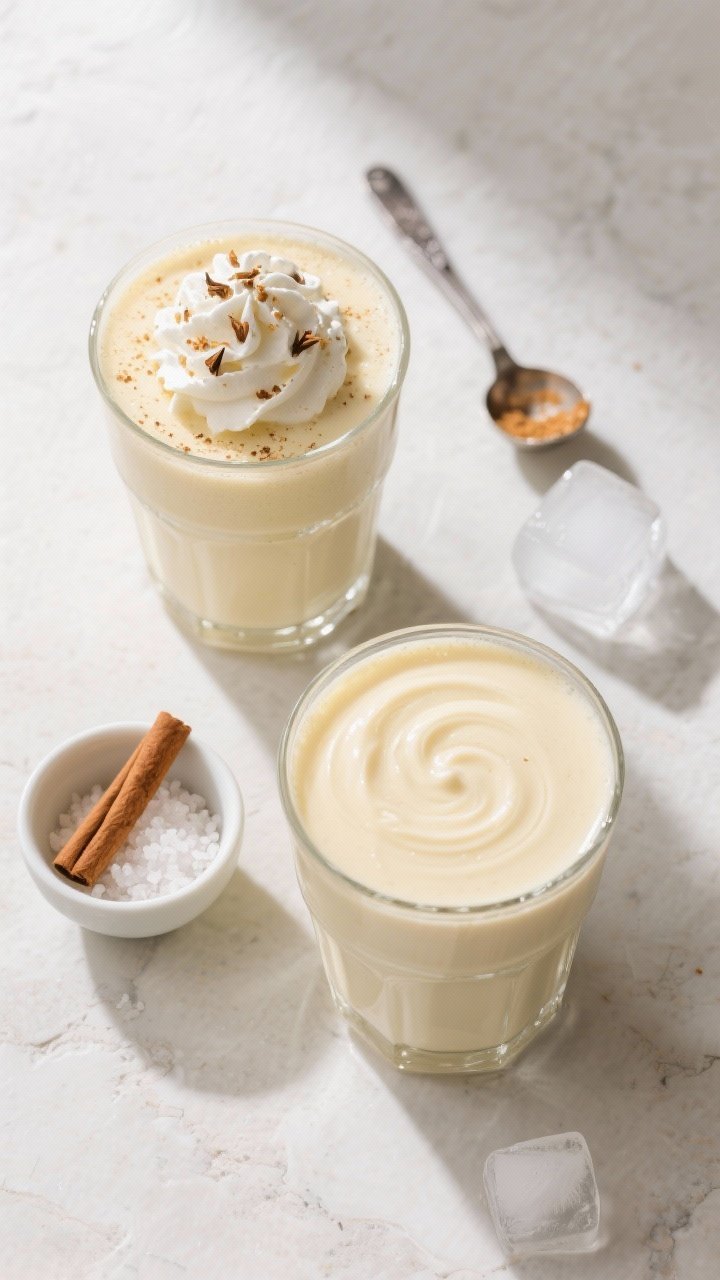 Overhead tasty top view: two eggnog smoothies side-by-side showing silky, thick surfaces with micro-