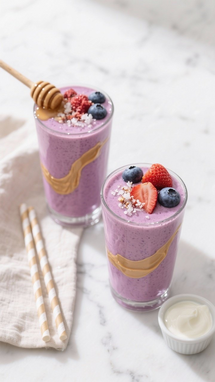 Overhead tasty top view: Two tall glasses of the finished Peanut Butter & Jelly Smoothie in a soft b