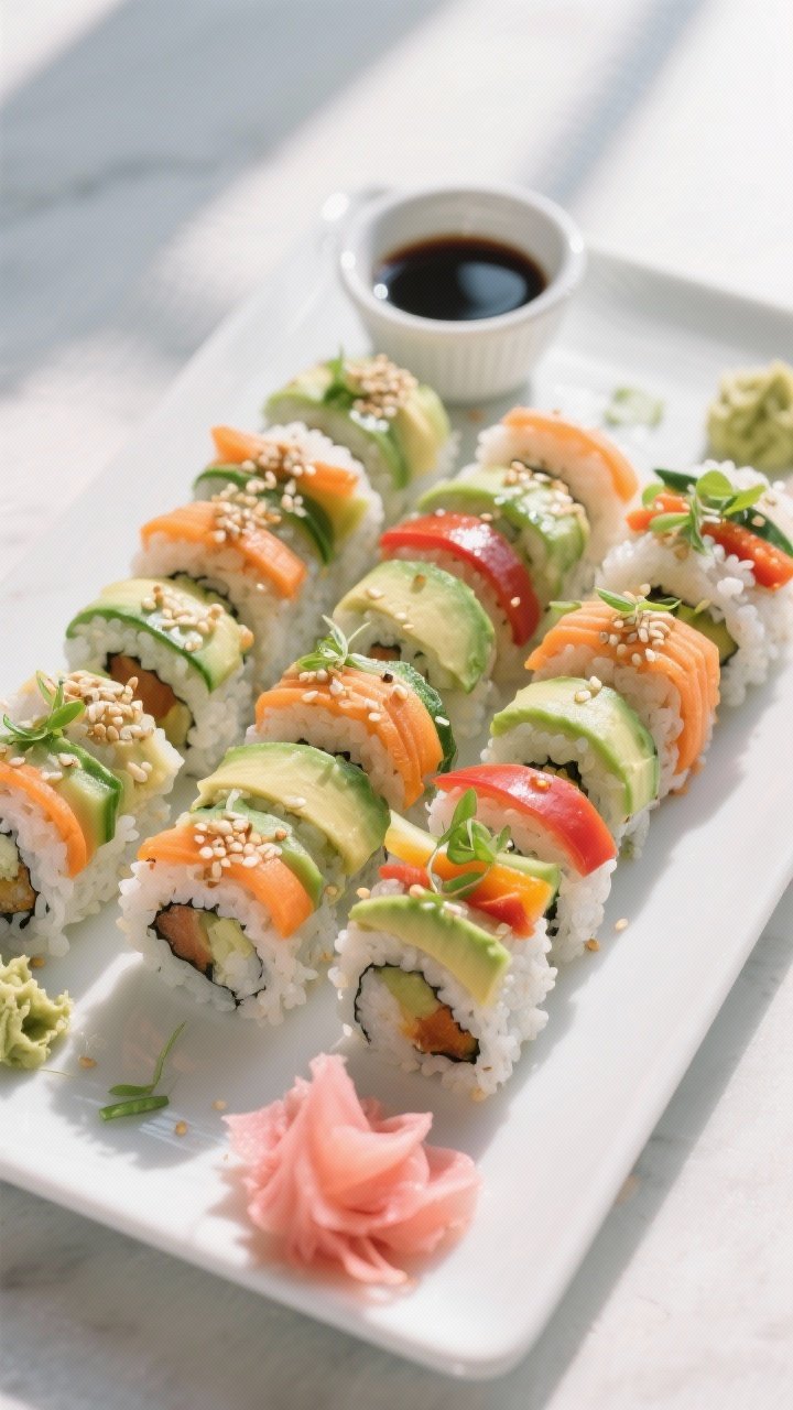 Overhead top-down shot of sliced veggie sushi rolls arranged in a neat grid on a matte white platter