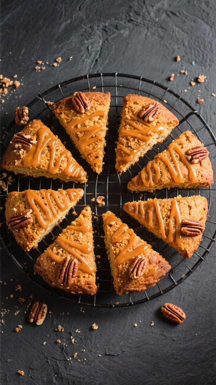 Overhead top-view of eight scone wedges arranged in a neat circle on a cooling rack, lightly drizzle