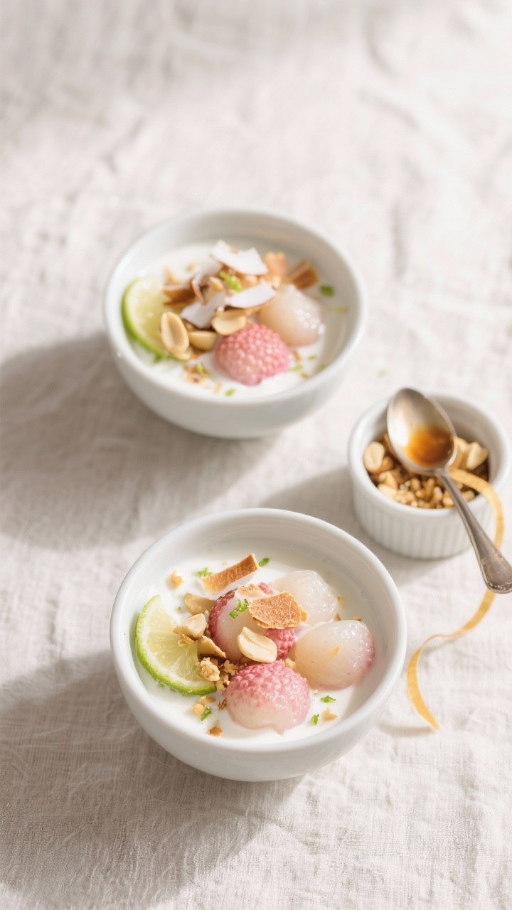 Overhead top view: Two minimalist bowls of Lychee Coconut Yogurt Cups on a light linen, showing dist