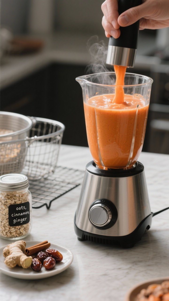 Process action shot: smoothie in a high-speed blender just after blending, ultra-smooth and glossy w