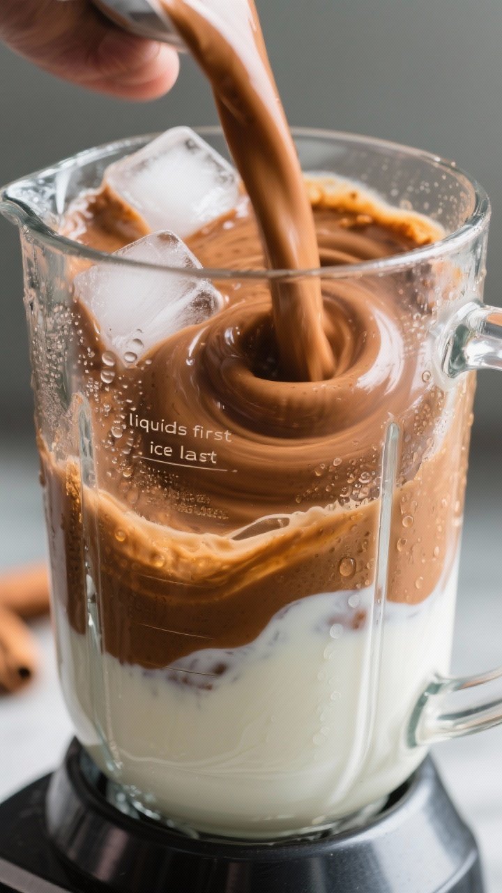 Process action shot: The smoothie being blended to ultra-smooth creaminess—blender jar filled with