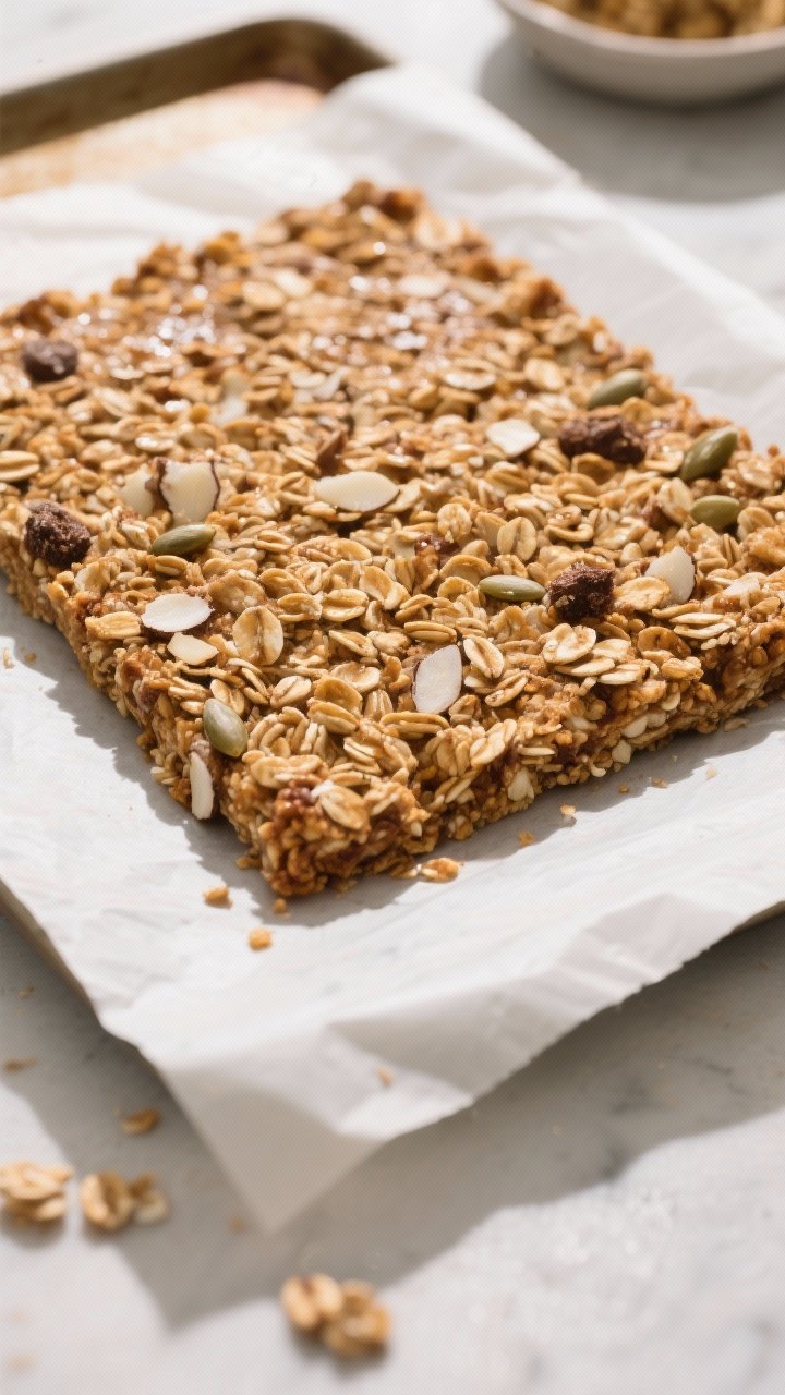 Process-focused final bake scene: overhead shot of the granola pressed firmly into a 1/2-inch-thick 