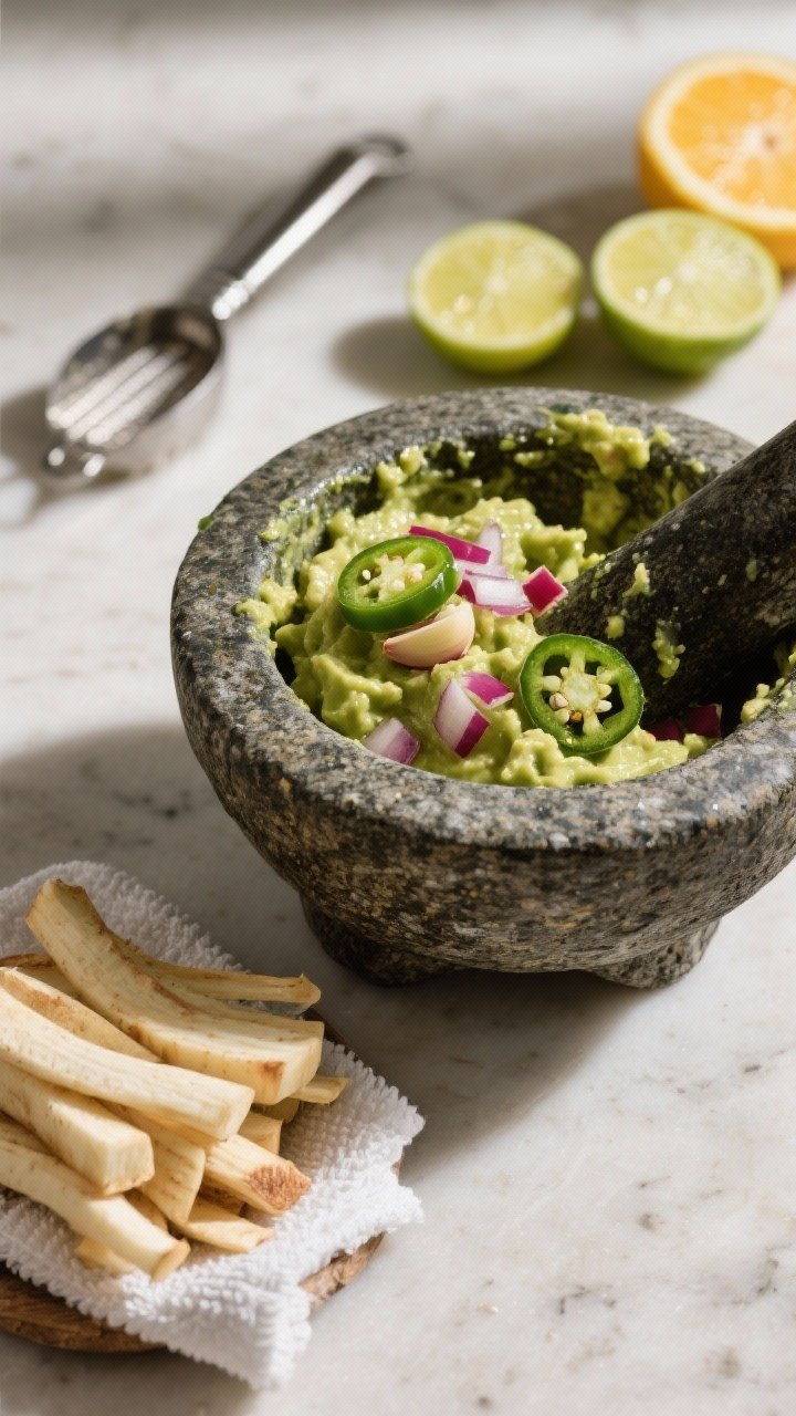 Process-focused final prep: Guacamole in a rustic mortar (molcajete) on a countertop, just finished 