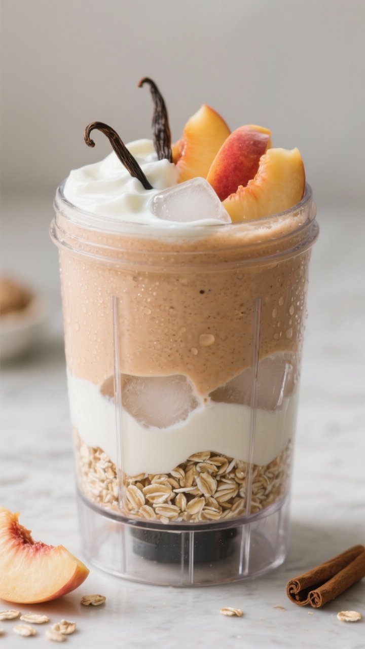 Process-focused shot: blender jar filled and ready just before blending, showing the layered techniq