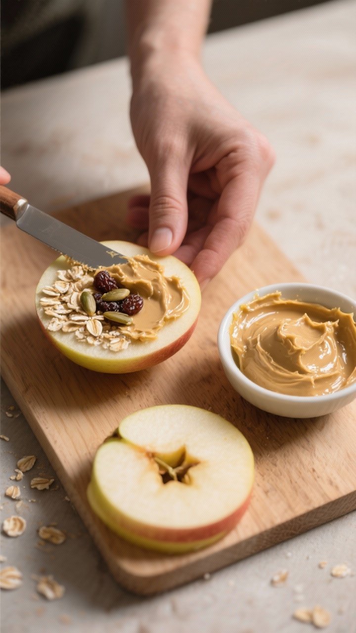 Process-in-action: Mid-assembly scene focusing on the prepared apple slices being patted dry and spr