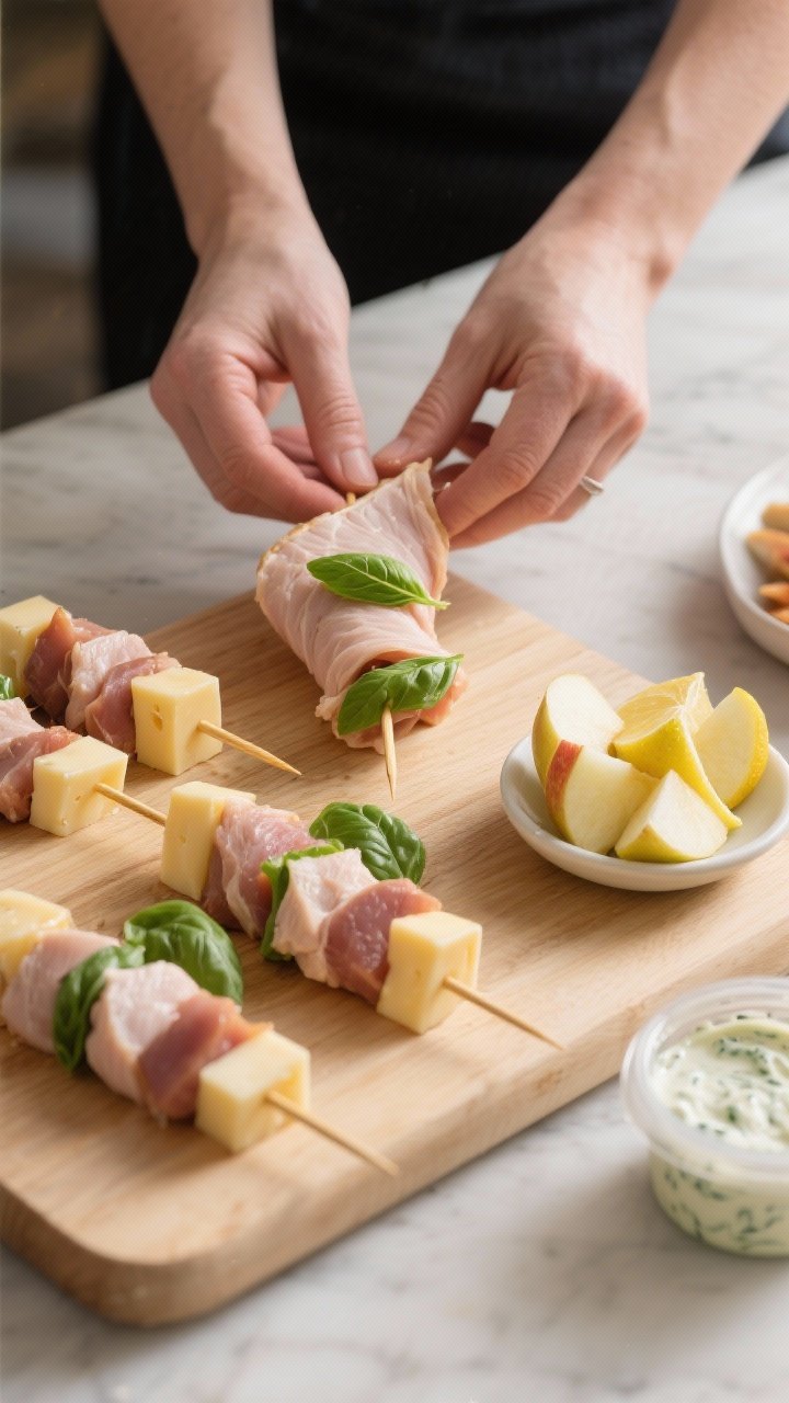 Process-in-action (no people): Step showing neat turkey folding and sturdy skewer building—several