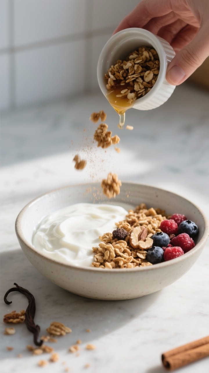 Process-in-action scene: Layering the crunch—prepared bowl with Greek yogurt already smoothed and 