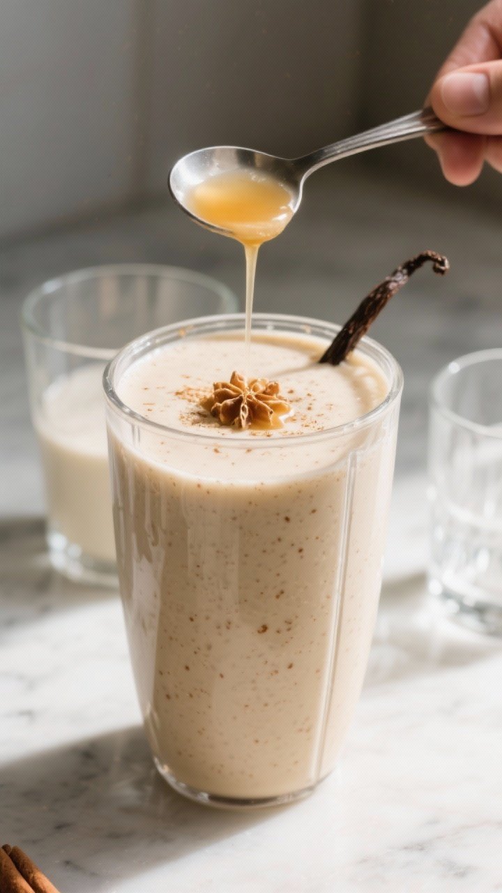 Process-in-action scene: The smoothie in a blender jar just after blending, perfectly smooth and thi