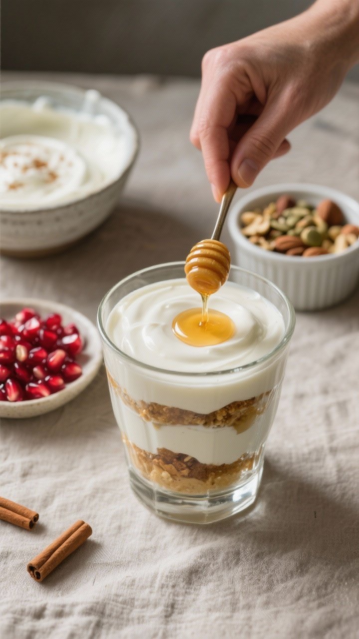 Process-in-action shot (no hands visible): Yogurt being layered into a clear glass as the base of th