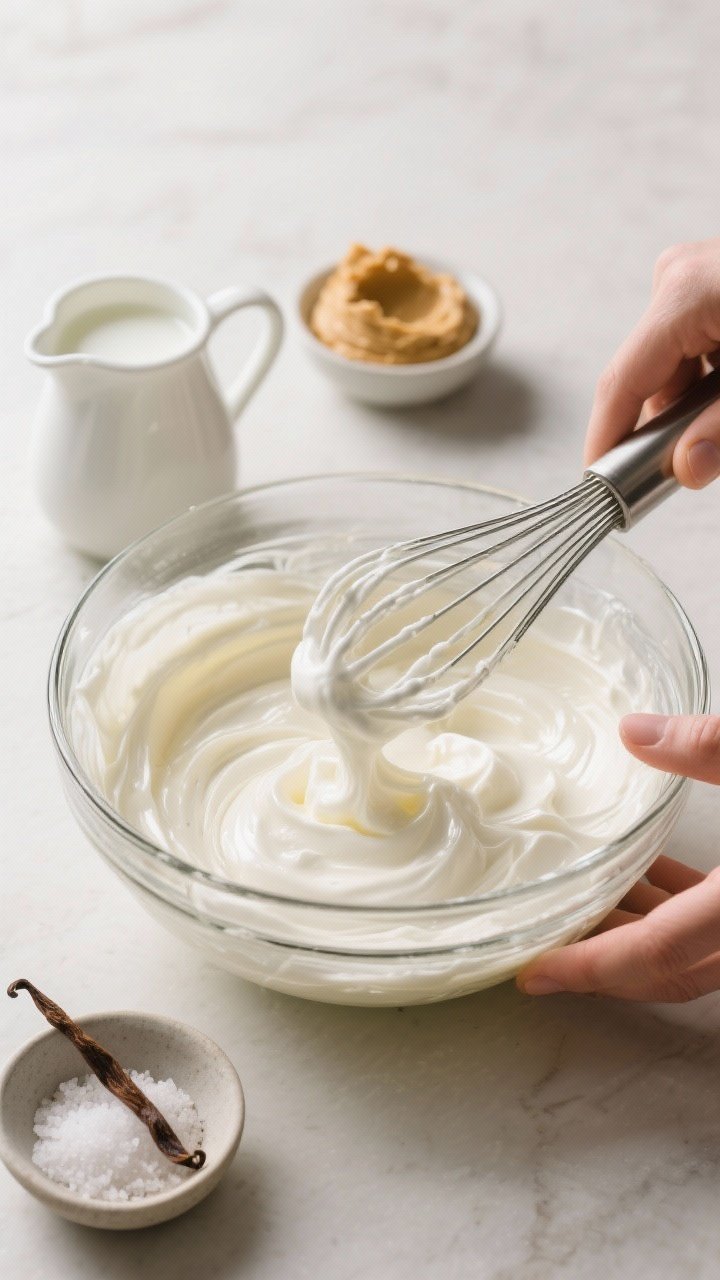 Process-in-action shot: The “combine the base” step—sunflower butter and thick Greek yogurt be