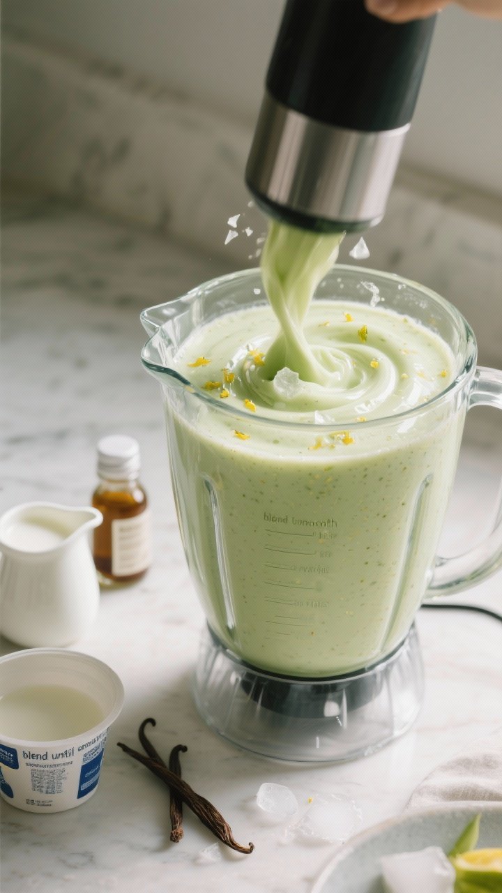 Process-in-action shot: The smoothie mid-blend in a clear high-speed blender, creamy pale green mixt