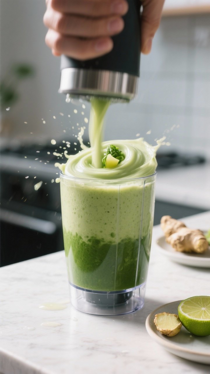Process-in-action: The smoothie in the blender jar mid-blend, showing a gradient from darker green a