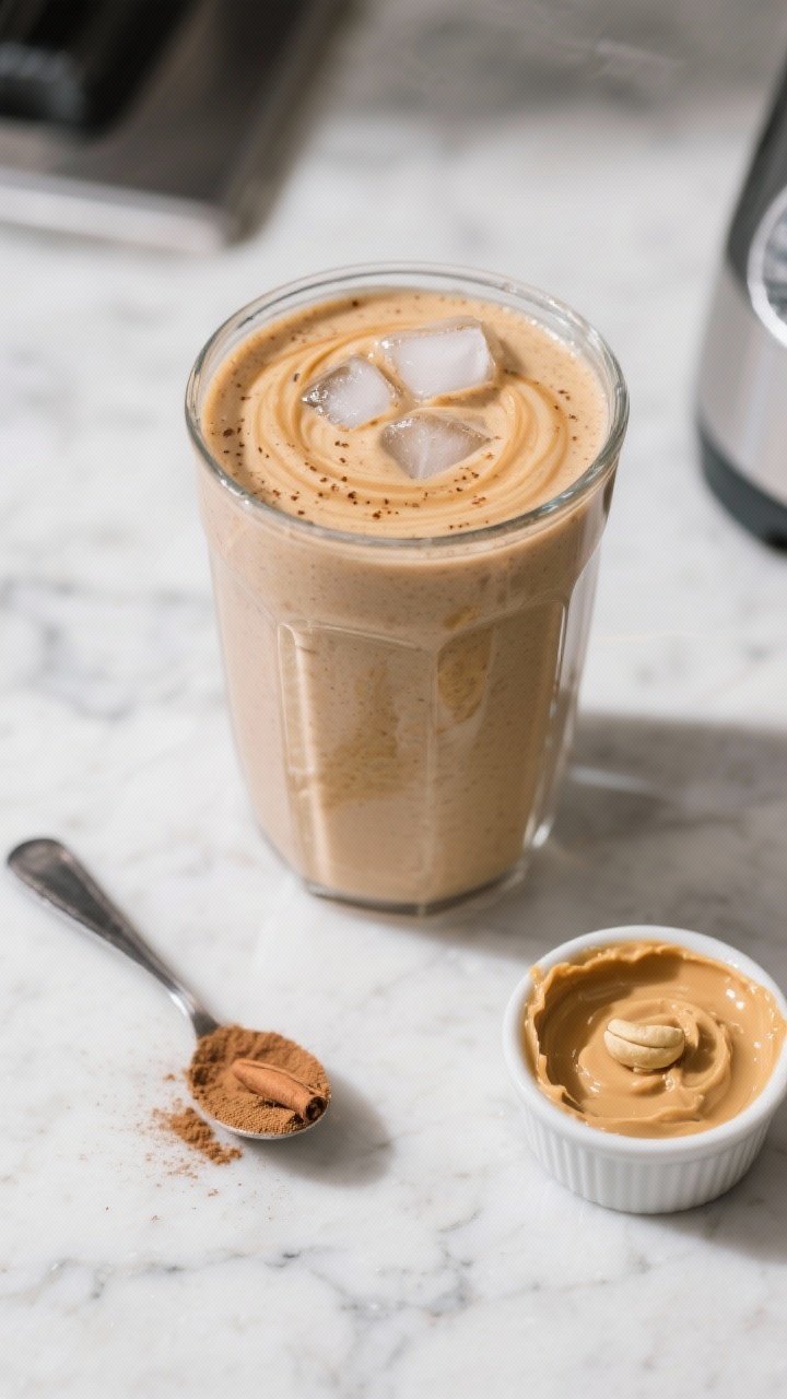 Process moment: Blender jar just finished blending the smoothie—silky, cinnamon-flecked mixture sw