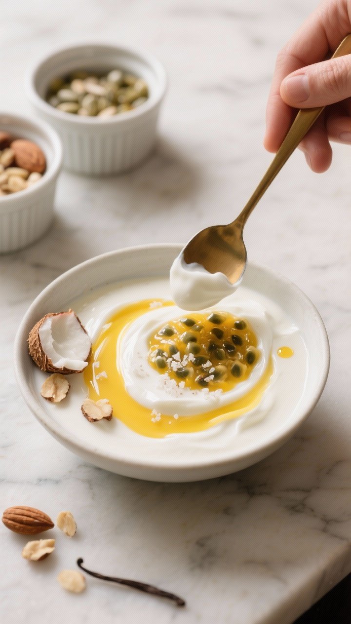 Process moment: The “build the base” step—yogurt already in the bowl with half the passion fru