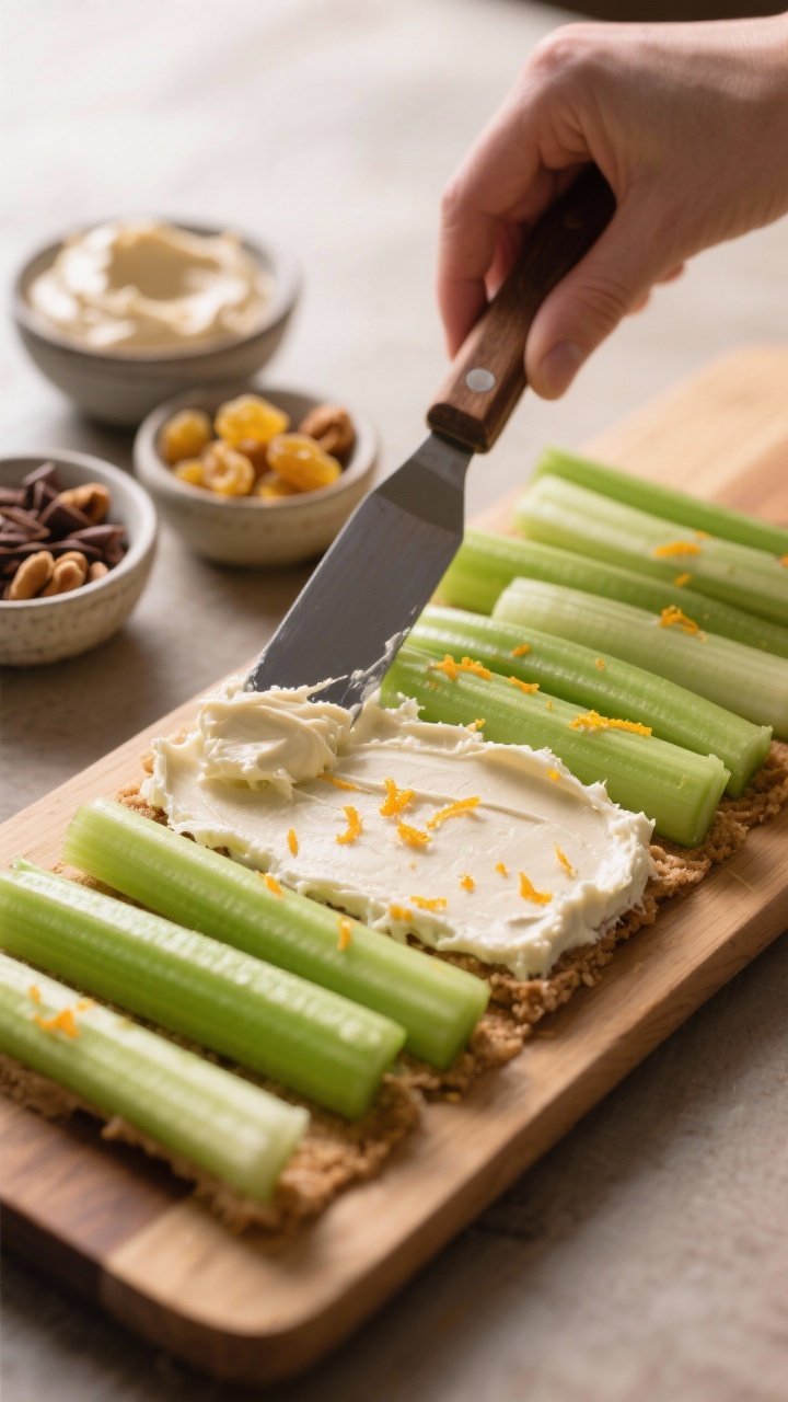 Process moment: The filling step in action—celery sticks already trimmed to 3–4 inches, neatly l