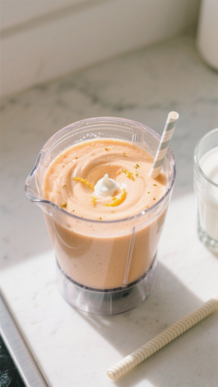 Process moment: The smoothie mid-blend in a clear blender jar, viewed at a 45-degree angle, showing