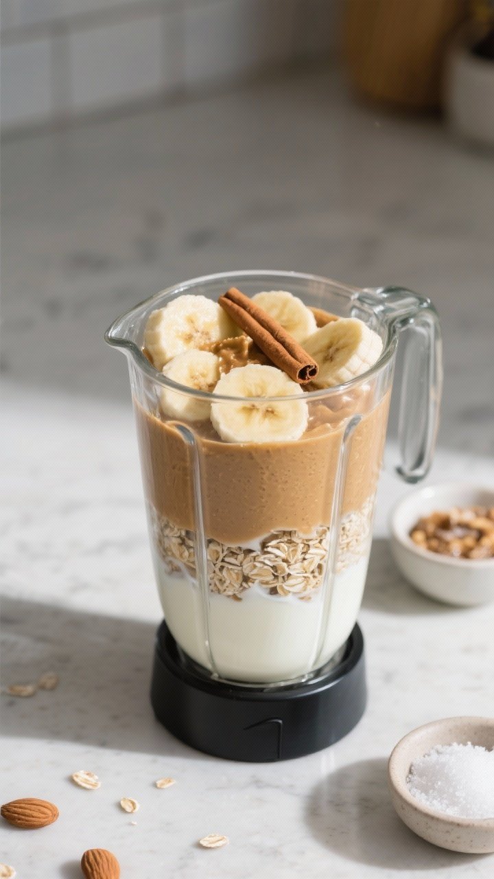 Process scene: blender jar loaded in recipe order (milk at the bottom, then yogurt and oats, almond