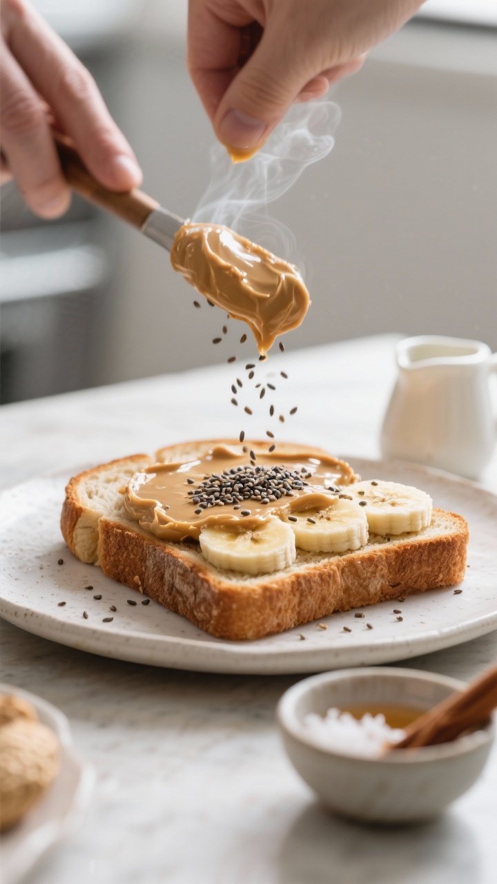 Process shot, 3/4 angle, showing the “spread and sprinkle” step: toasted sourdough with a soft, 