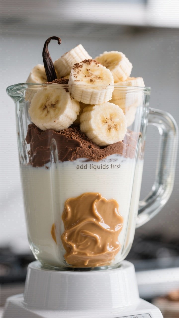 Process shot: Blender jar filled and ready before the final blitz—milk at the bottom with glossy p