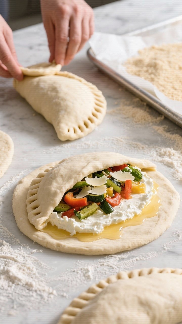 Process shot: calzones being assembled on a lightly floured work surface—medium overhead angle; do