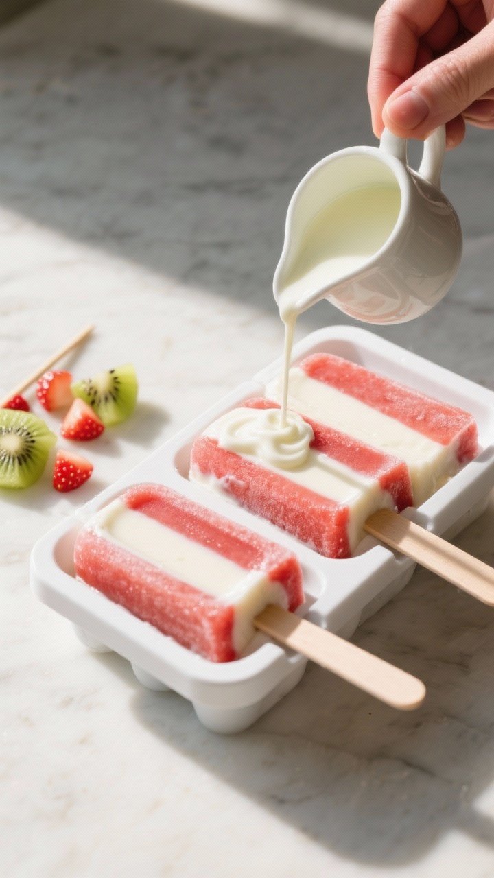 Process shot: Layering the pops in the mold for super clean stripes—an overhead shot of a popsicle