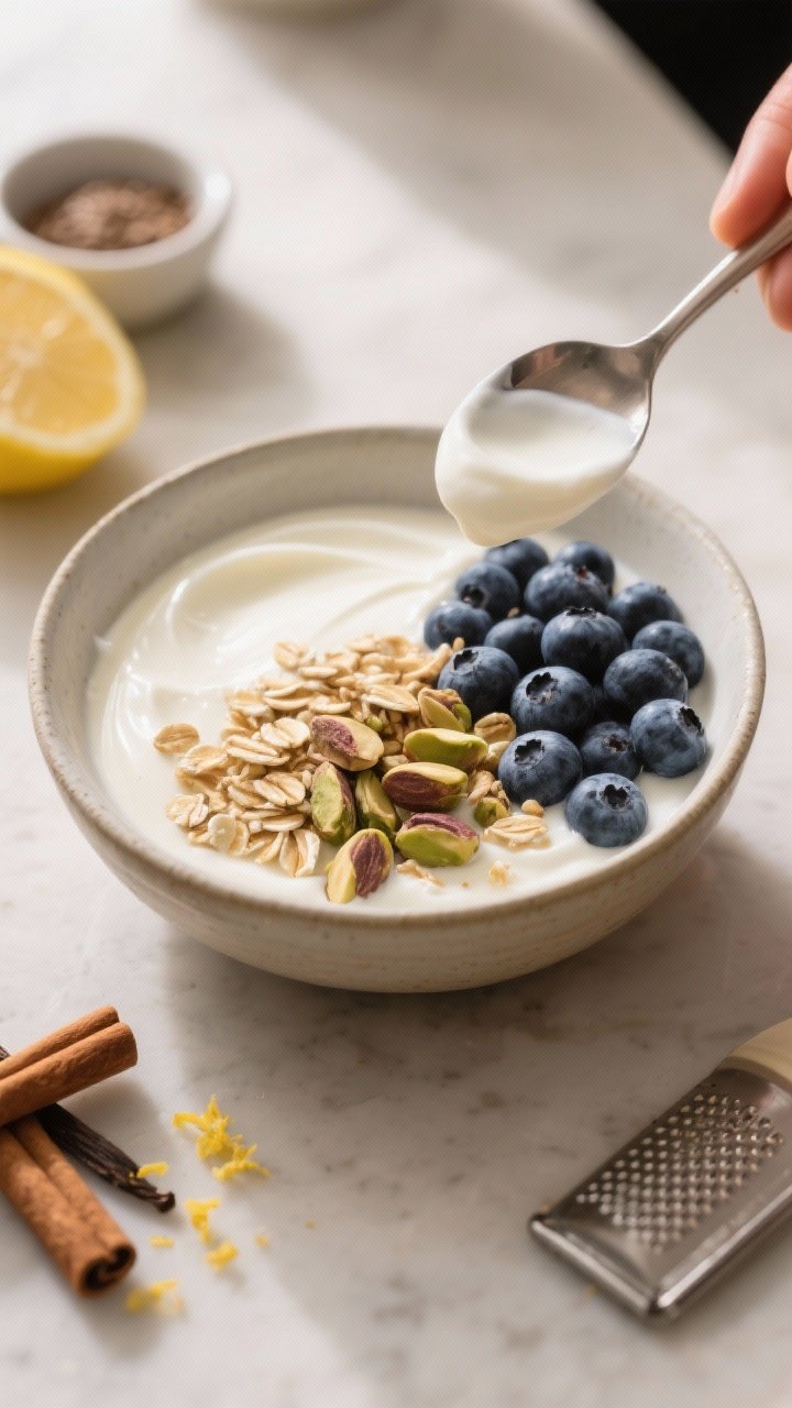 Process shot (prepared, no raw ingredients): Yogurt being flavored and assembled—vanilla-scented G