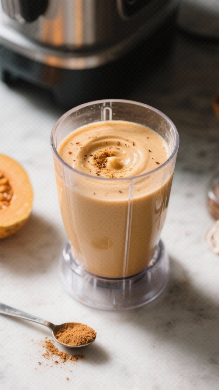 Process shot: Pumpkin Pie Smoothie mid-blend in a high-speed blender jar—ingredients already fully