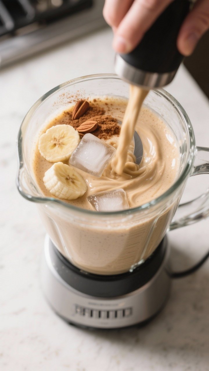 Process shot: the smoothie mid-blend in a high-speed blender jar, liquids added first and frozen ban