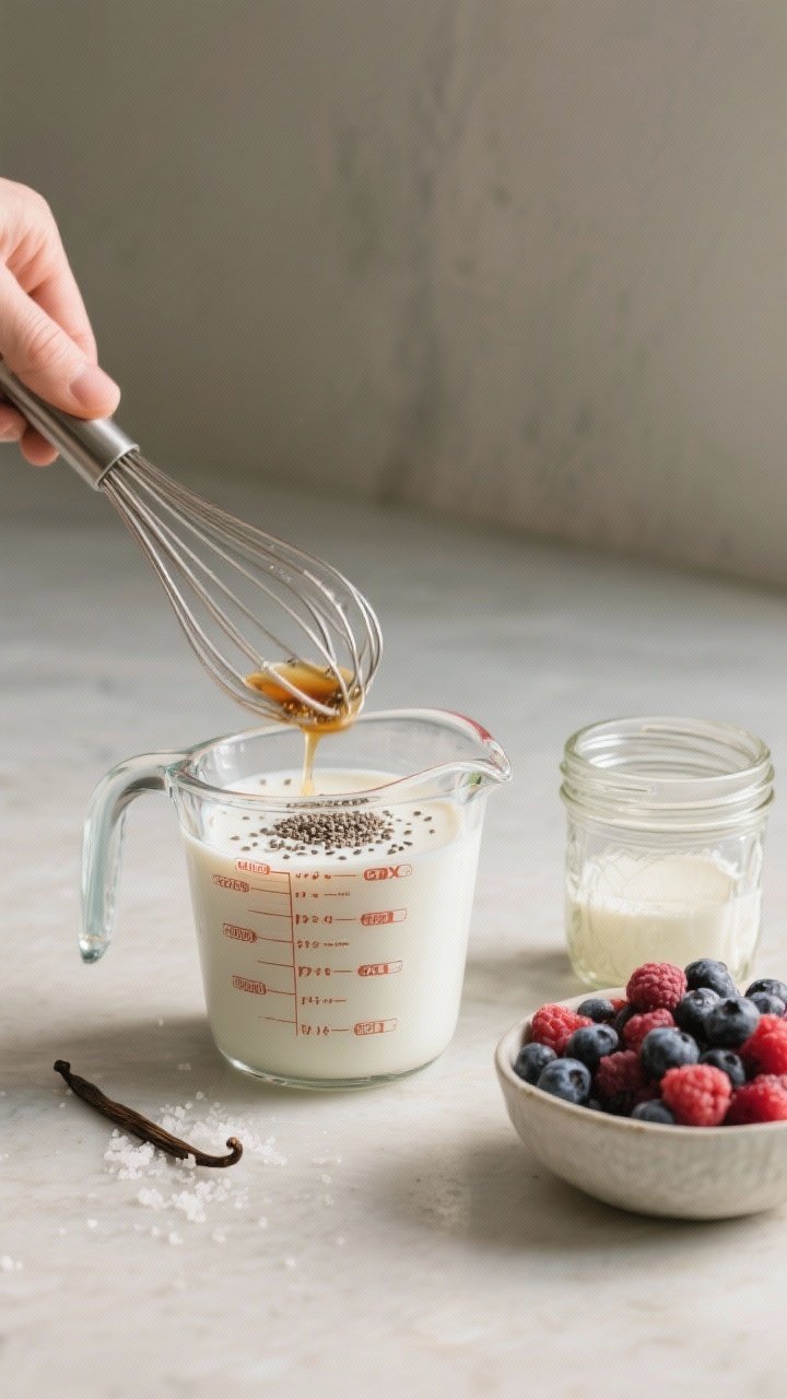 Process shot: The whisking step captured mid-action in a clear measuring cup—milk, pure vanilla ex