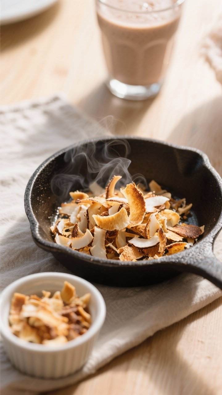 Process shot: Toasted coconut just finished in a small skillet, presented as the prepared garnish st