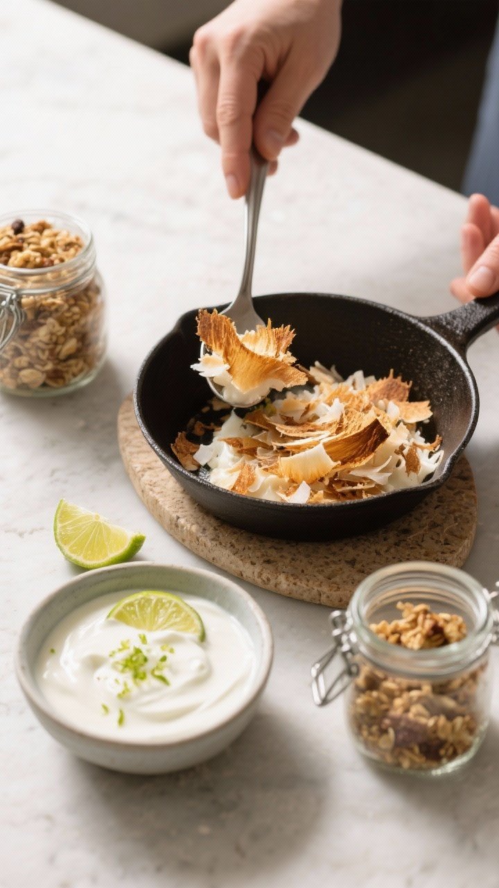Process shot: toasting the shredded coconut to golden in a small dry skillet, then cooled and spoone