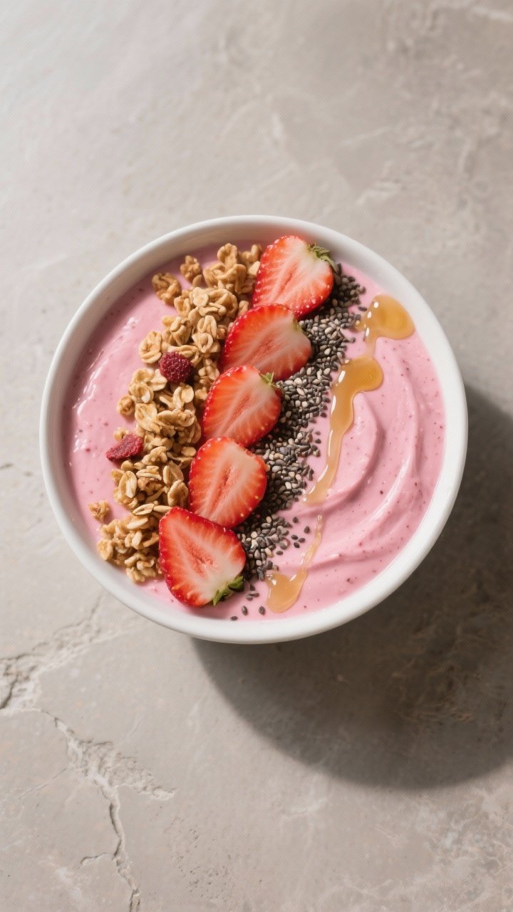 Tasty : Overhead shot of a thick smoothie bowl variation—extra-thick strawberry yogurt smoothie sp