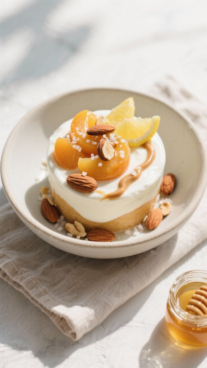 Tasty : Overhead shot of an assembled Apricot Almond Yogurt Cup in a simple bowl, showing distinct l