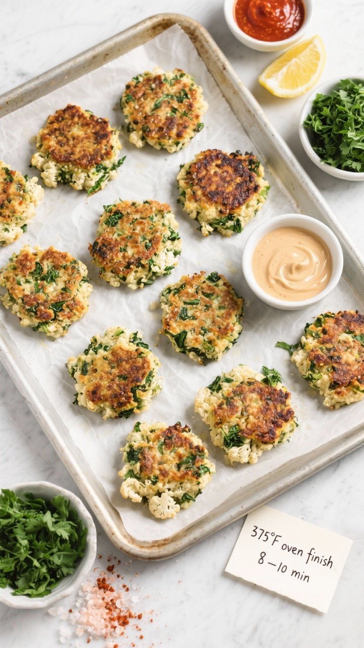 Tasty top-down meal-prep/serve spread: Overhead shot of 8–10 cauliflower & spinach patties arrange