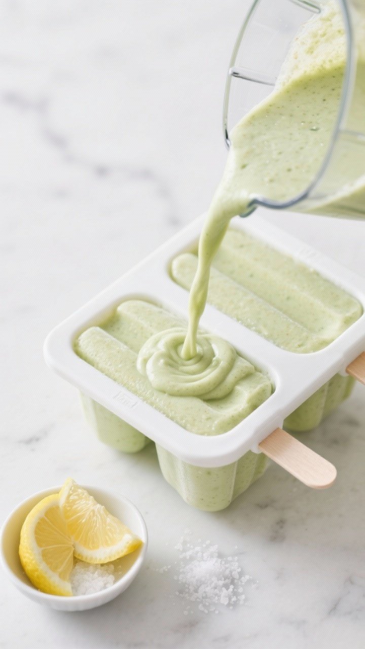 Tasty top-down process shot: Overhead view of the creamy smoothie mixture being poured from a blende