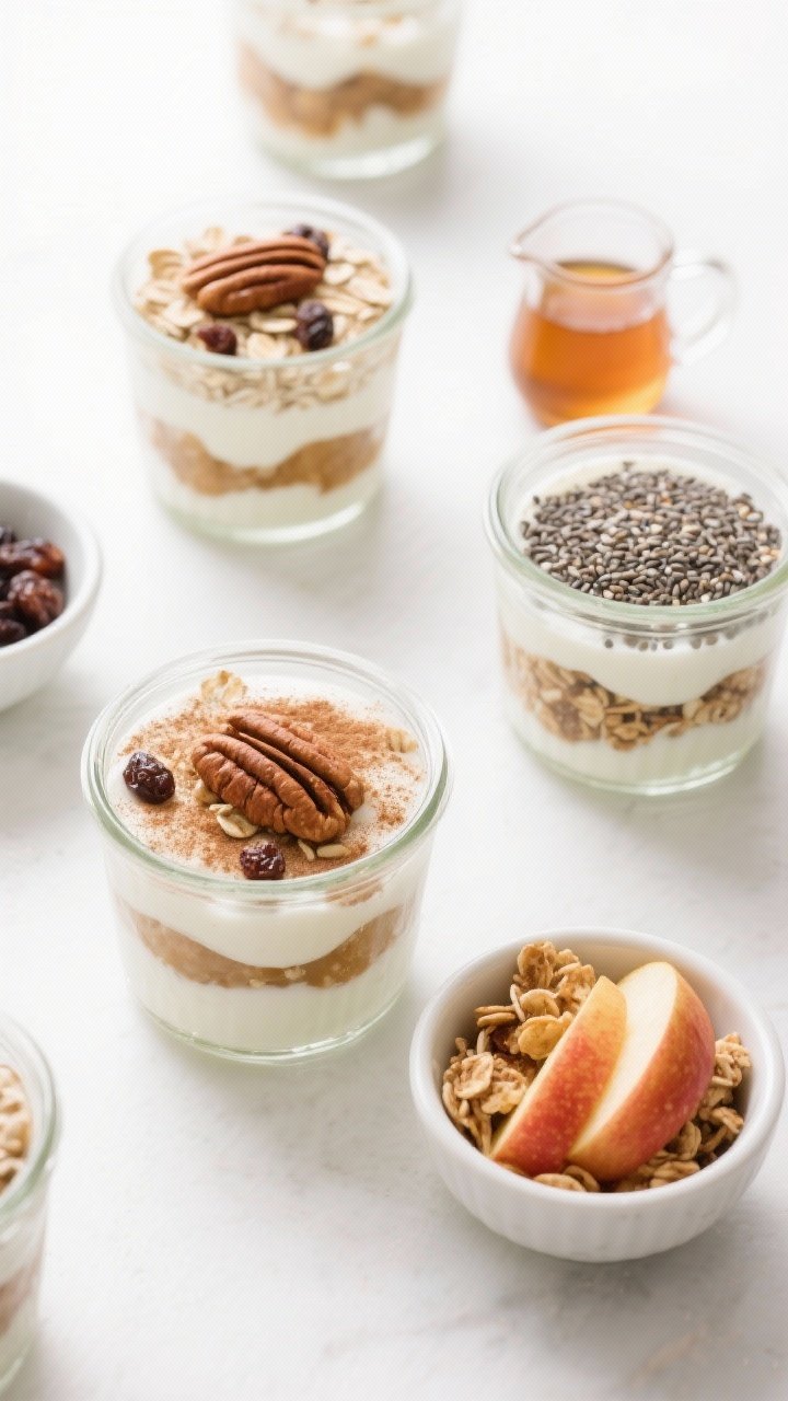 Tasty top-down spread: Overhead shot of multiple parfaits in small glasses, showing clean, defined l