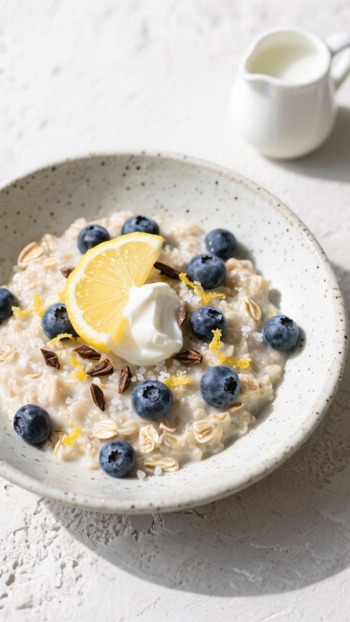 Tasty top-down variation shot: Overhead shot of Lemon-Blueberry variation—oatmeal with a pale, cre