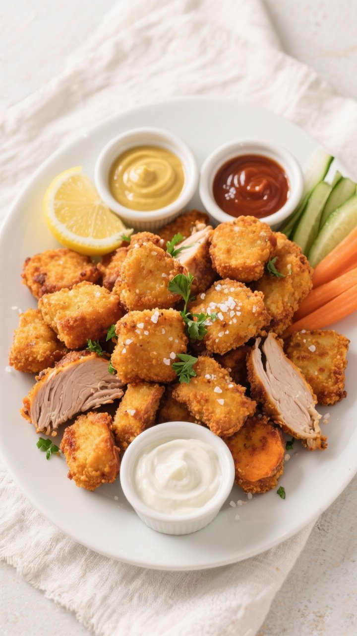 Tasty top view final dish: Overhead shot of a family-style platter of Turkey & Sweet Potato Nuggets 